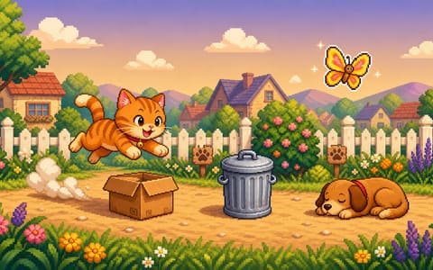 Pixel-art cat sprinting past garden obstacles and butterflies under a warm sky
