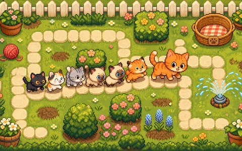 Pixel-art mama cat leading a conga line of kittens through a sunny garden maze with a basket, sprinkler, and yarn ball