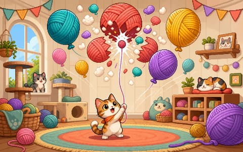 Pixel-art cat firing a yarn yo-yo upward to burst colorful bouncing yarn balloons in a cozy playroom